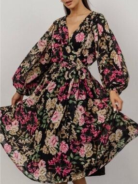 Baltic Born Floral Midi Dress - Black and Pink